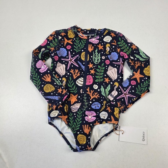 Quince Other - Quince Swimsuit Kids 5T Blue Long Sleeve Zip One Piece Navy Seashells Print